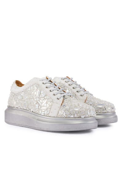 Silver mirror-cutdana embellished sneakers
