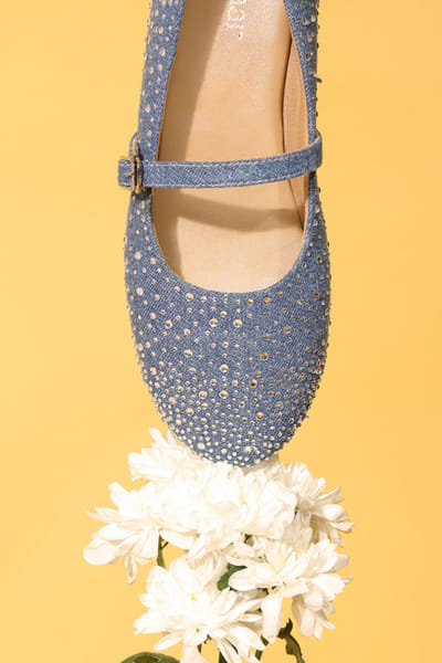 Anaar Blue silver stud embellished denim ballerinas ANAAJUN26D146908