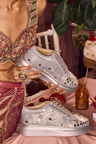 Silver sequin and bead embellished sneakers