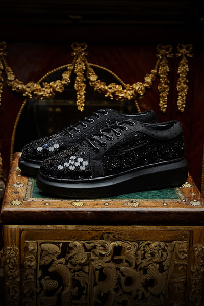 Black sequin and cutdana embellished sneakers