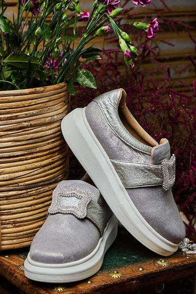 Silver rhinestone faux buckle sneakers