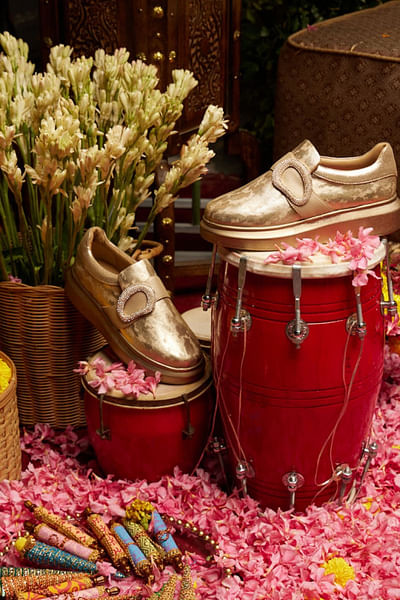 Gold rhinestone faux buckle sneakers