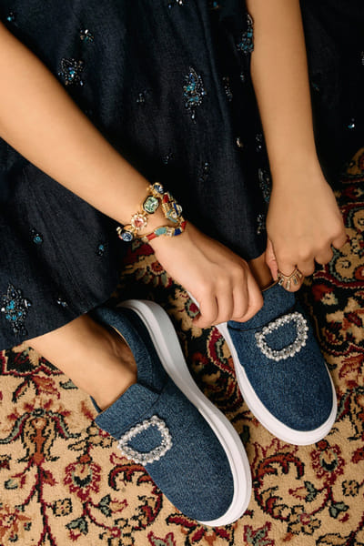Anaar Navy pearl embellished denim slip-on sneakers ANAAJUN26D146880