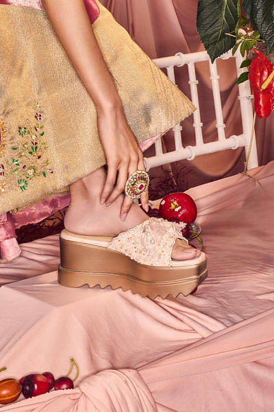 Rose gold 3D embellished slip-on wedge sandals