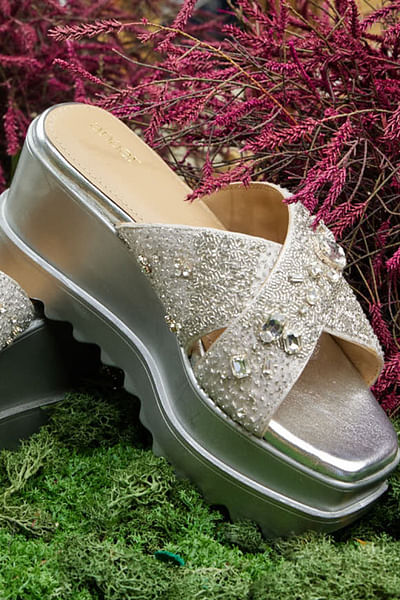 Silver embellished slip-on wedge sandals