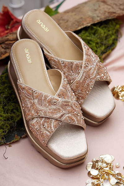 Rose gold embroidered slip-on wedge sandals