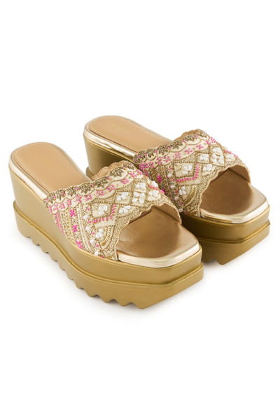 Champagne embroidered slip-on sandal