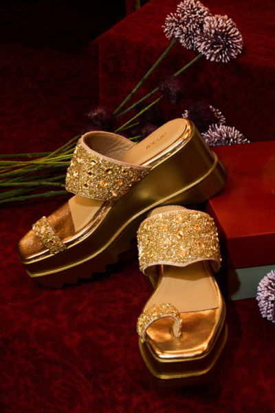 Gold sequin embroidered slip-on sandals