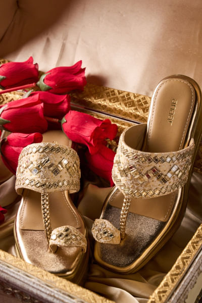 Gold zari embroidered slip-on sandals