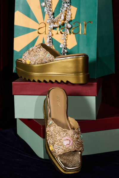 Gold resham embroidered slip-on sandals