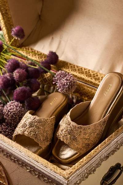 Gold zardozi embroidered slip-on sandals