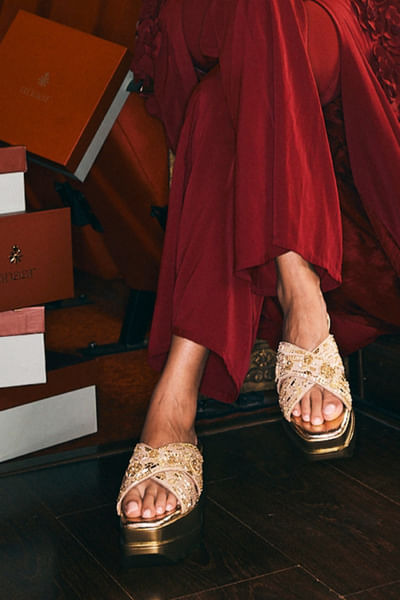Gold threadwork embroidered slip-on sandals