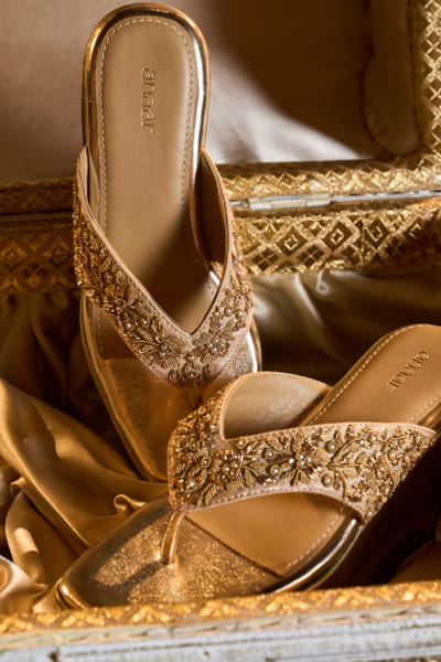 Gold pearl embroidered slip-on sandals