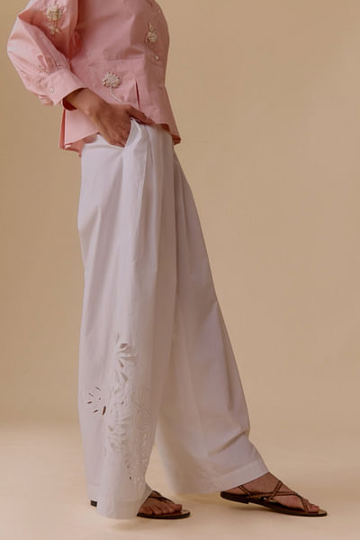White cutwork wide leg pants