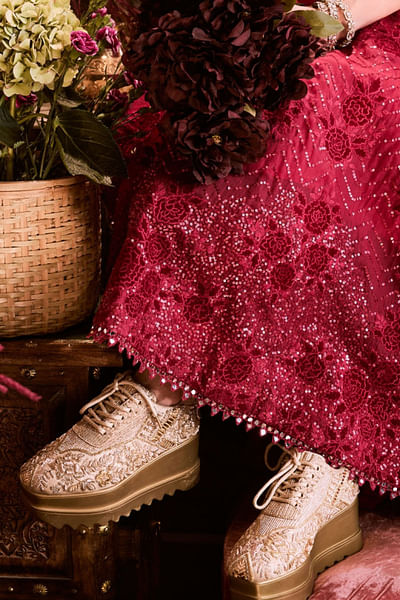 Rose gold kora and cutdana wedge sneakers