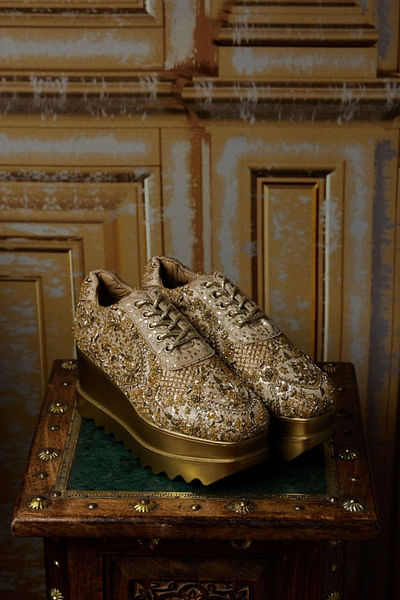 Gold dabka pitta and cutdana wedge sneakers