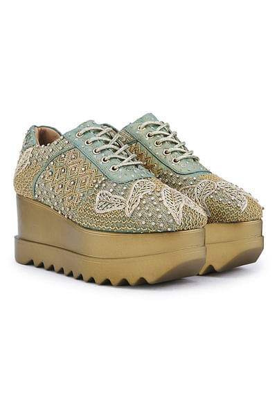 Mint green zari and cutdana wedge sneakers