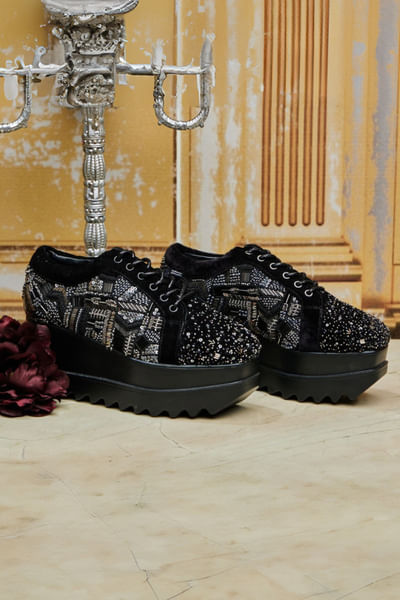 Black geometric bead-cutdana wedge sneakers