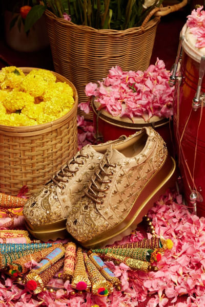 Gold peacock zardozi-sequin wedge sneakers