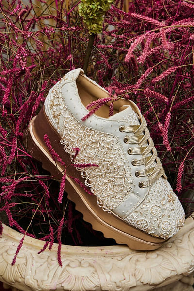 Ivory cutdana and bead wedge sneakers