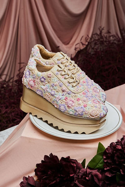 Beige floral resham-beaded wedge sneakers