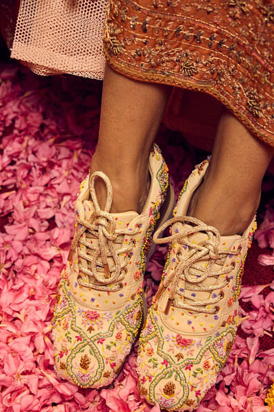 Beige floral resham-sequin wedge sneakers
