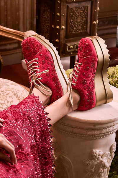Red resham-cutdana beaded wedge sneakers
