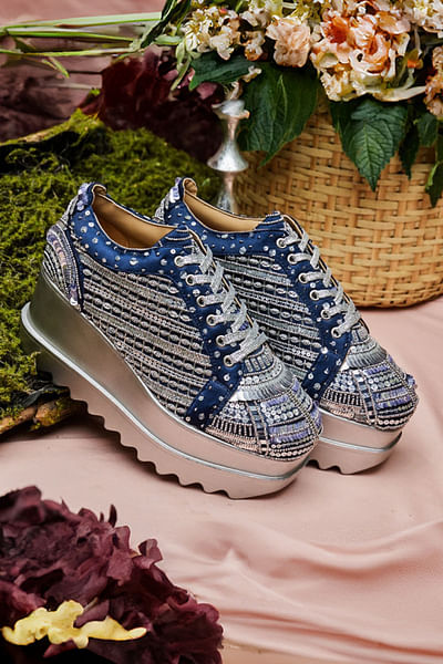 Navy blue sequin embellished wedge sneakers