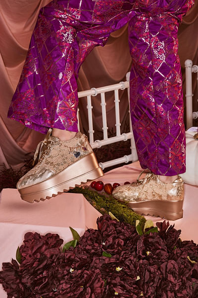 Rustic gold lace and rhinestone wedge sneakers