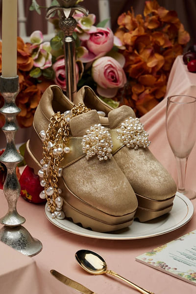 Gold floral pearl embellished wedge sneakers