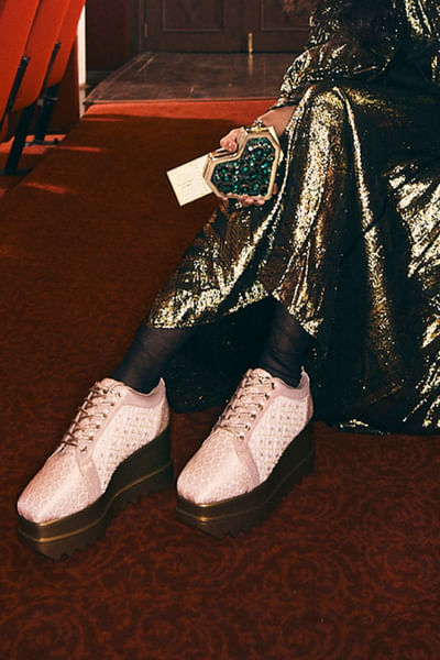 Off-white cutdana embellished wedge sneakers