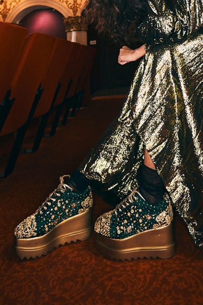 Green cutdana embellished wedge sneakers