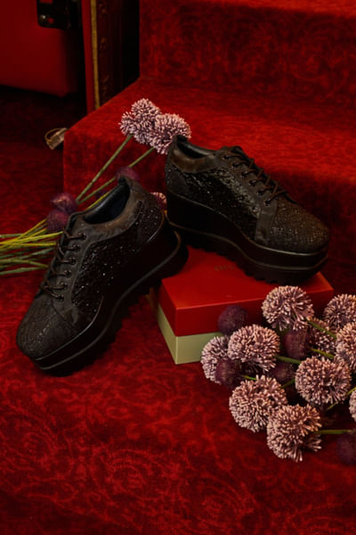 Black pearl embellished wedge sneakers