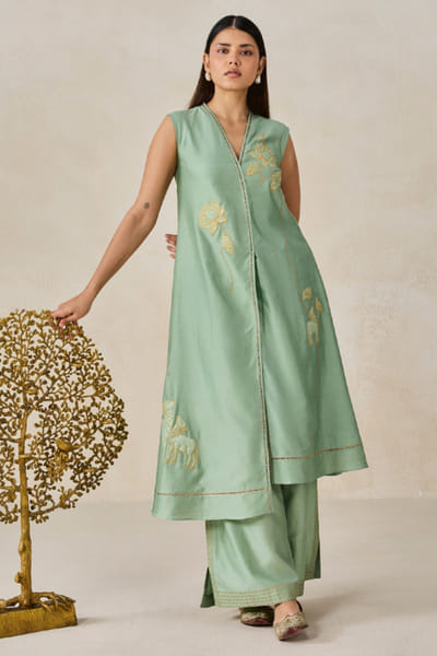 Nitika Gujral Sage green applique kurta and palazzo set NITIJUN26D146422