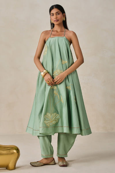 Nitika Gujral Sage green floral applique gathered kurta set NITIJUN26D146424