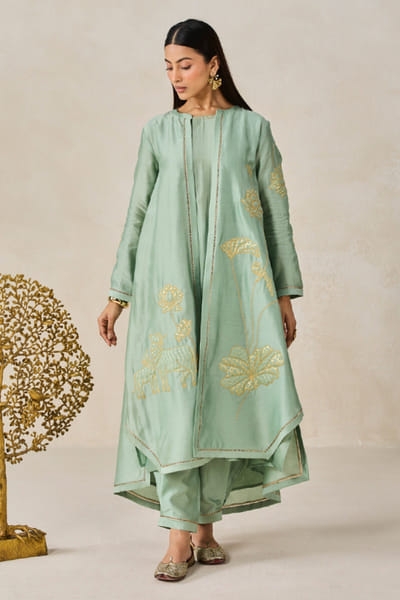 Nitika Gujral Sage green applique long jacket and kurta set NITIJUN26D146430