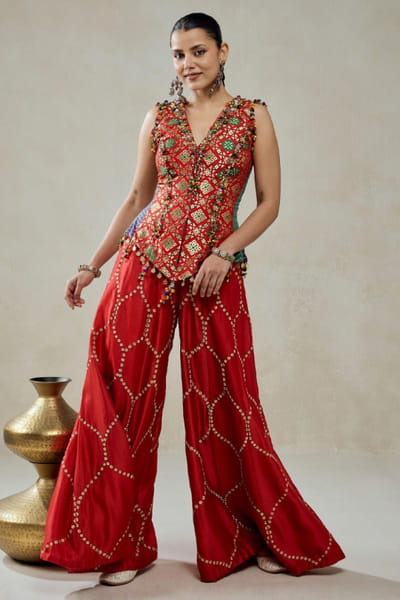 Nitika Gujral Red patola silk embroidered sharara set NITIJUN26D146345