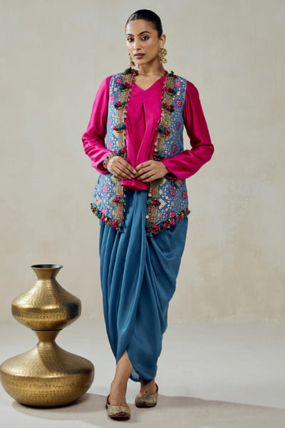 Nitika Gujral Royal blue patola silk embroidered jacket dhoti set NITIJUN26D146347