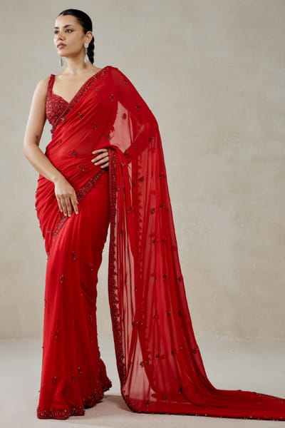 Nitika Gujral Red bead embroidered sari set NITIJUN26D146360