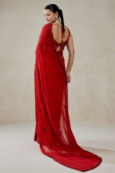 Nitika Gujral Red bead embroidered sari set NITIJUN26D146360