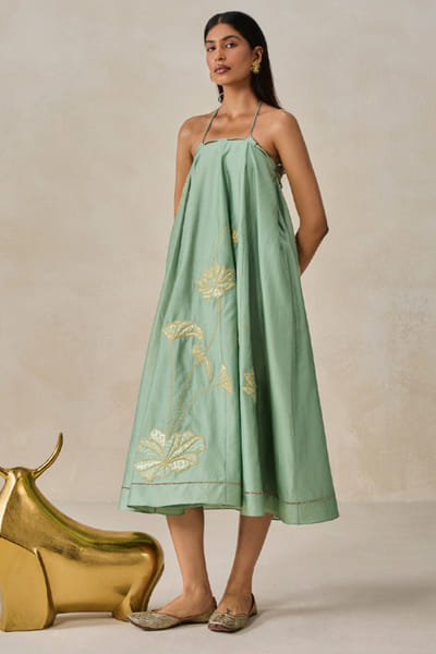 Nitika Gujral Sage green floral applique strappy midi dress NITIJUN26D146442