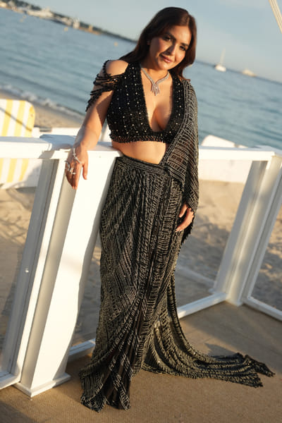 Nitika Gujral Black crystal-embellished draped sari set NITIAUG26D152691