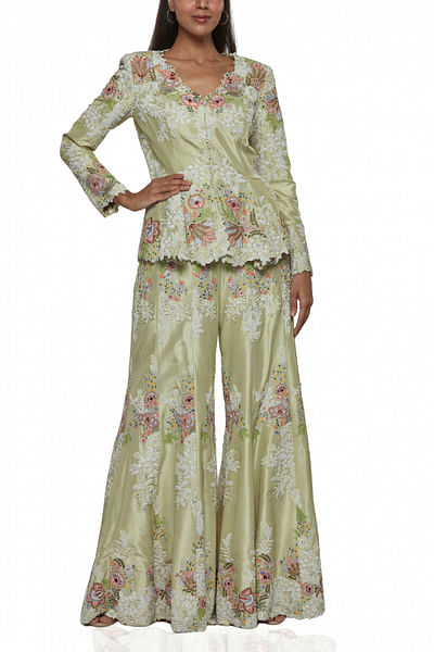 Green floral embroidered peplum and sharara