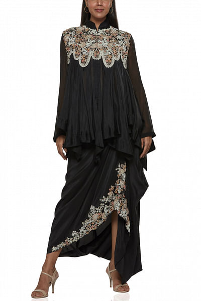 Black floral embroidered flared top and draped skirt