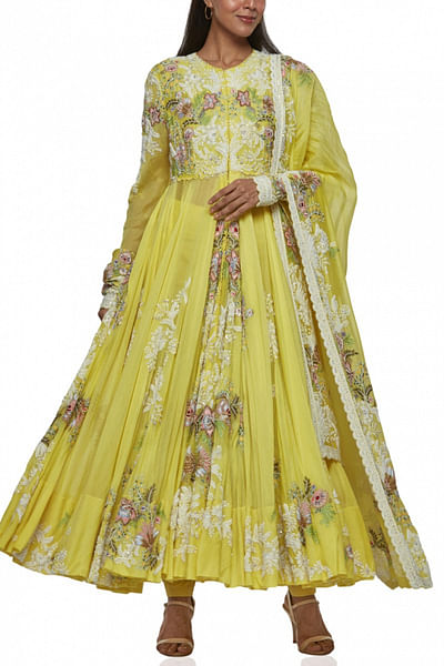 Yellow floral embroidered anarkali set