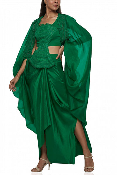 Green embroidered cape set