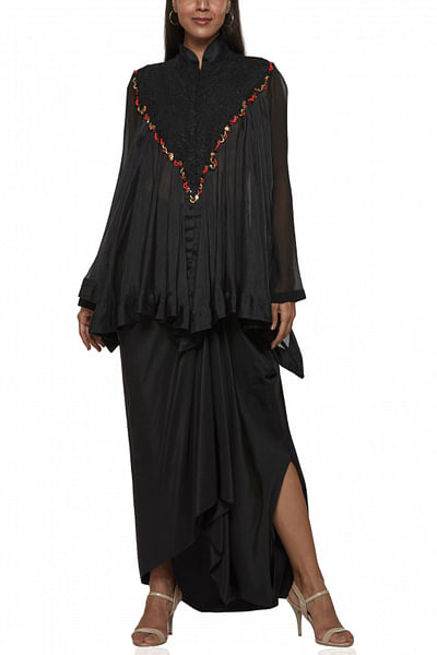 Black embroidered flared top and draped skirt