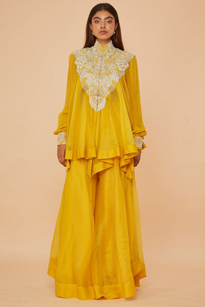 Yellow embroidered sharara set