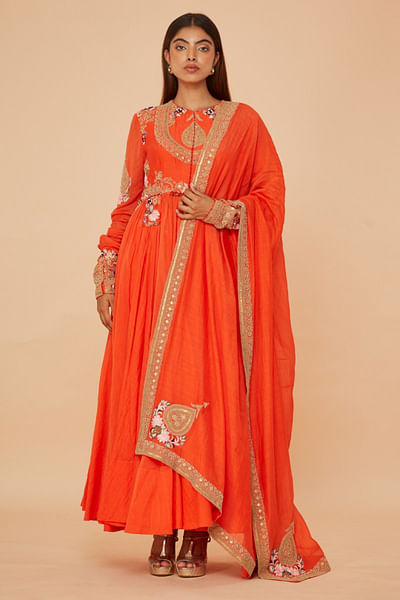 Orange embroidered anarkali set