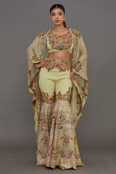 Anamika Khanna Sage green embroidered cape-gharara set ANAAPR26D142170